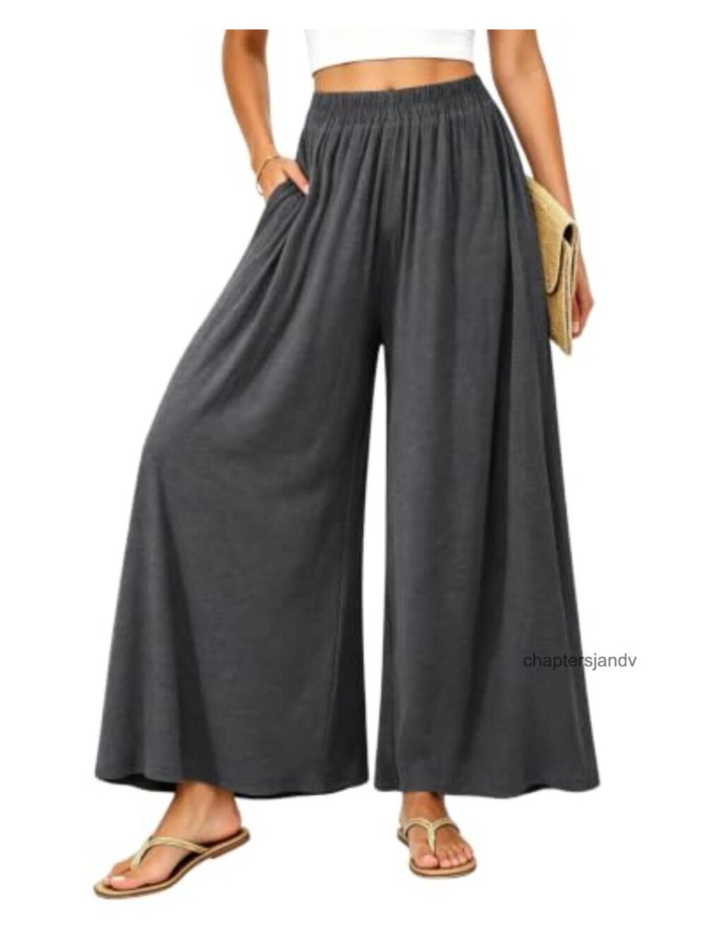 Wide Leg Palazzo Pants High Waist Pull On Flowy Trousers Pockets Casual